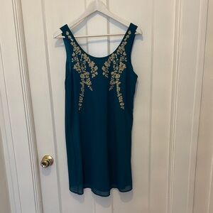 Ya Los Angeles Teal Dress with Gold Embroidery